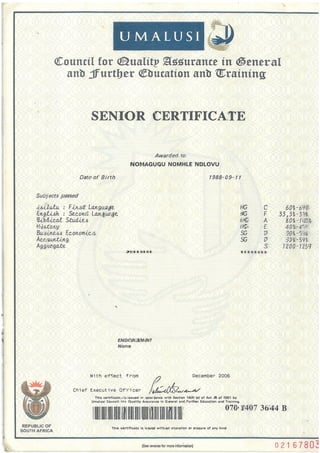 Nomagugu Matric certificate