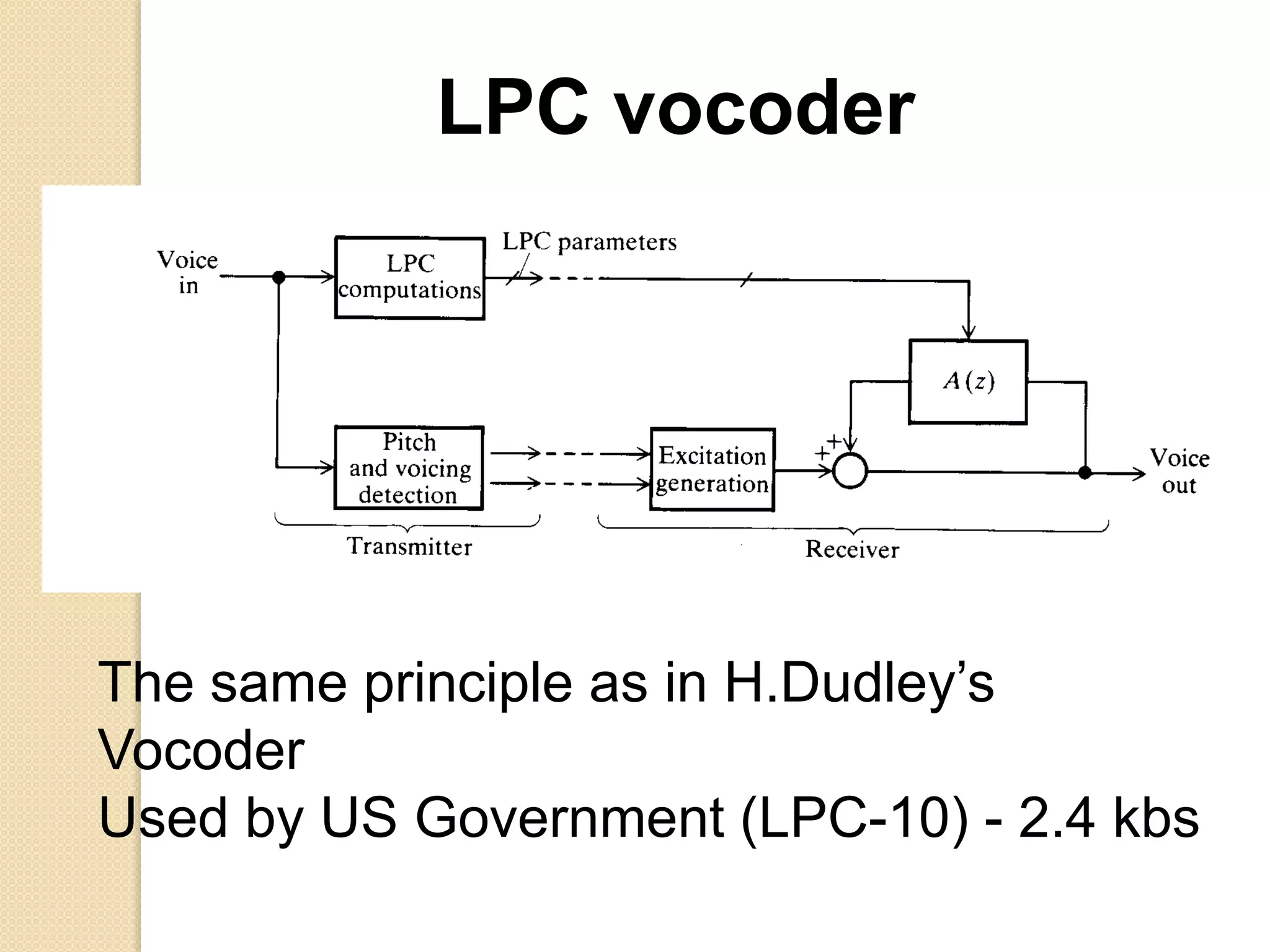 The same principle as in H.Dudley’s
Vocoder
Used by US Government (LPC-10) - 2.4 kbs
LPC vocoder
 
