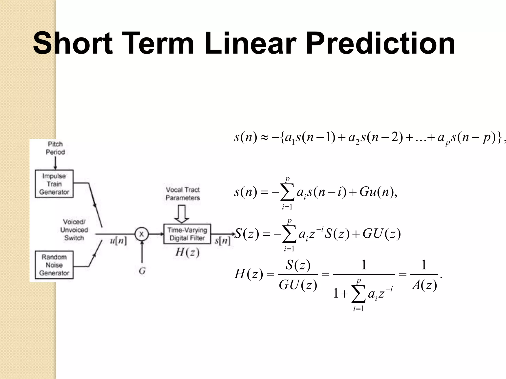 .
)(
1
1
1
)(
)(
)(
)()()(
,)()()(
)},(...)2()1({)(
1
1
1
21
zA
za
zGU
zS
zH
zGUzSzazS
nGuinsans
pnsansansans
p
i
i
i
p
i
i
i
p
i
i
p














Short Term Linear Prediction
 