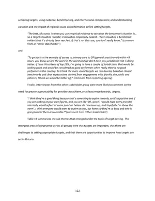 122
achieving targets; using evidence, benchmarking, and international comparators; and understanding
variation and the impact of regional issues on performance before setting targets.
“The best, of course, is when you use empirical evidence to see what the benchmark situation is…
So a target should be realistic; it should be empirically evident. There should be a benchmark
evident that it’s already been reached. If that’s not the case, you don’t really know.” (comment
from an “other stakeholder”)
and
“To go back to the example of access to primary care to GP (general practitioner) within 48
hours, you know we are the worst in the world and we don't have any jurisdiction that is doing
better. If I use this criteria of top 25%, I’m going to have a couple of jurisdictions that would be
looking good and would be considered as good performers when really there is no good
performer in this country. So I think the more sound targets we can develop based on clinical
benchmarks and clear expectations derived from engagement with, frankly, the public and
patients, I think we would be better off.” (comment from reporting agency)
Finally, interviewees from the other stakeholder group were more likely to comment on the
need for greater accountability for providers to achieve, or at least move towards, targets.
“I think they're a good thing because that’s something to aspire towards, so it’s a positive and if
you are looking at your own figures, and you are like ‘Oh, wow!’. I would hope every provider
internally would reflect at some point on ‘where do I measure up, and hopefully I'm above the
norm’. I think everyone would want to aspire to that, but honestly they’re so busy and who is
going to hold them accountable?” (comment from ‘other stakeholder’)
Table 19 summarizes the sub-themes that emerged under the topic of target-setting. The
strongest areas of congruence across all groups were that targets are important, that there are
challenges to setting appropriate targets, and that there are opportunities to improve how targets are
set in Ontario.
 