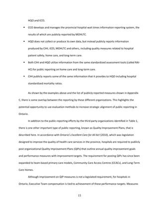15
HQO and ICES.
 CCO develops and manages the provincial hospital wait times information reporting system, the
results of which are publicly reported by MOHLTC.
 HQO does not collect or produce its own data, but instead publicly reports information
produced by CIHI, ICES, MOHLTC and others, including quality measures related to hospital
patient safety, home care, and long-term care.
 Both CIHI and HQO utilize information from the same standardized assessment tools (called RAI-
HC) for public reporting on home care and long-term care.
 CIHI publicly reports some of the same information that it provides to HQO including hospital
standardized mortality ratios.
As shown by the examples above and the list of publicly reported measures shown in Appendix
C, there is some overlap between the reporting by these different organizations. This highlights the
potential opportunity to use evaluation methods to increase strategic alignment of public reporting in
Ontario.
In addition to the public-reporting efforts by the third-party organizations identified in Table 1,
there is one other important type of public reporting, known as Quality Improvement Plans, that is
described here. In accordance with Ontario’s Excellent Care for All Act (2010), which was legislation
designed to improve the quality of health care services in the province, hospitals are required to publicly
post organizational Quality Improvement Plans (QIPs) that outline annual quality improvement goals
and performance measures with improvement targets. The requirement for posting QIPs has since been
expanded to team-based primary care models, Community Care Access Centres (CCACs), and Long-Term
Care Homes.
Although improvement on QIP measures is not a legislated requirement, for hospitals in
Ontario, Executive Team compensation is tied to achievement of these performance targets. Measures
 