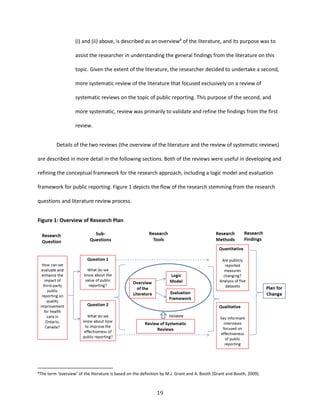 19
(i) and (ii) above, is described as an overview8
of the literature, and its purpose was to
assist the researcher in understanding the general findings from the literature on this
topic. Given the extent of the literature, the researcher decided to undertake a second,
more systematic review of the literature that focused exclusively on a review of
systematic reviews on the topic of public reporting. This purpose of the second, and
more systematic, review was primarily to validate and refine the findings from the first
review.
Details of the two reviews (the overview of the literature and the review of systematic reviews)
are described in more detail in the following sections. Both of the reviews were useful in developing and
refining the conceptual framework for the research approach, including a logic model and evaluation
framework for public reporting. Figure 1 depicts the flow of the research stemming from the research
questions and literature review process.
Figure 1: Overview of Research Plan
8The term ‘overview’ of the literature is based on the definition by M.J. Grant and A. Booth (Grant and Booth, 2009).
 