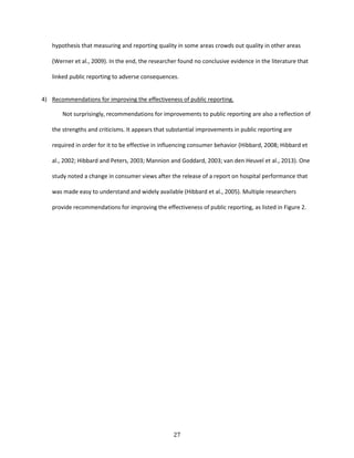 27
hypothesis that measuring and reporting quality in some areas crowds out quality in other areas
(Werner et al., 2009). In the end, the researcher found no conclusive evidence in the literature that
linked public reporting to adverse consequences.
4) Recommendations for improving the effectiveness of public reporting.
Not surprisingly, recommendations for improvements to public reporting are also a reflection of
the strengths and criticisms. It appears that substantial improvements in public reporting are
required in order for it to be effective in influencing consumer behavior (Hibbard, 2008; Hibbard et
al., 2002; Hibbard and Peters, 2003; Mannion and Goddard, 2003; van den Heuvel et al., 2013). One
study noted a change in consumer views after the release of a report on hospital performance that
was made easy to understand and widely available (Hibbard et al., 2005). Multiple researchers
provide recommendations for improving the effectiveness of public reporting, as listed in Figure 2.
 