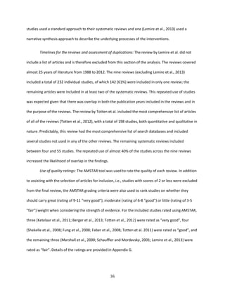 36
studies used a standard approach to their systematic reviews and one (Lemire et al., 2013) used a
narrative synthesis approach to describe the underlying processes of the interventions.
Timelines for the reviews and assessment of duplications: The review by Lemire et al. did not
include a list of articles and is therefore excluded from this section of the analysis. The reviews covered
almost 25 years of literature from 1988 to 2012. The nine reviews (excluding Lemire et al., 2013)
included a total of 232 individual studies, of which 142 (61%) were included in only one review; the
remaining articles were included in at least two of the systematic reviews. This repeated use of studies
was expected given that there was overlap in both the publication years included in the reviews and in
the purpose of the reviews. The review by Totten et al. included the most comprehensive list of articles
of all of the reviews (Totten et al., 2012), with a total of 198 studies, both quantitative and qualitative in
nature. Predictably, this review had the most comprehensive list of search databases and included
several studies not used in any of the other reviews. The remaining systematic reviews included
between four and 55 studies. The repeated use of almost 40% of the studies across the nine reviews
increased the likelihood of overlap in the findings.
Use of quality ratings: The AMSTAR tool was used to rate the quality of each review. In addition
to assisting with the selection of articles for inclusion, i.e., studies with scores of 2 or less were excluded
from the final review, the AMSTAR grading criteria were also used to rank studies on whether they
should carry great (rating of 9-11 “very good”), moderate (rating of 6-8 “good”) or little (rating of 3-5
“fair”) weight when considering the strength of evidence. For the included studies rated using AMSTAR,
three (Ketelaar et al., 2011; Berger et al., 2013; Totten et al., 2012) were rated as “very good”, four
(Shekelle et al., 2008; Fung et al., 2008; Faber et al., 2008; Totten et al. 2011) were rated as “good”, and
the remaining three (Marshall et al., 2000; Schauffler and Mordavsky, 2001; Lemire et al., 2013) were
rated as “fair”. Details of the ratings are provided in Appendix G.
 