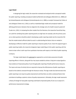 56
Logic Model
In designing the logic model, the researcher reviewed and analyzed similar conceptual models
for public reporting, including conceptual models by Marshall and colleagues (Marshall et al., 2000) and
by Contandriopoulos and colleagues (Contandriopoulos et al., 2000), an analytic framework by Totten et
and colleagues (Totten et al., 2012), as well as a hybridized logic model and conceptual model for
defining performance indicators that are aligned to the strategic aims of a health research system (El
Turabi et al., 2011). In reviewing the other models from the literature, the researcher found that they
are useful for clarifying how public reporting works at a high level, for example, who the primary users
are or what questions should be asked in developing a public reporting model, but the researcher felt
that the models lacked sufficient detail to assist in understanding the factors that are needed in
developing an effective model for public reporting to improve quality of care. Given this apparent gap in
public reporting models, the researcher designed a logic model (Figure 5) for public reporting, with the
intent to later refine it with input from qualitative interviews with experts in the field of public reporting
in Ontario.
The logic model depicts the optimized (as opposed to current) state assessment of public
reporting efforts in Ontario, along with four key inputs needed to achieve a long-term output (goal) to
have evidence of improved quality of care through public reporting of health performance measures.
The inputs and areas of activity that are required to improve the effectiveness of public reporting are
based on the evidence amassed through the literature review. The logic model also demonstrates that
public reporting is one input to quality improvement and that there are other contextual factors that
contribute to building a systemic culture of quality improvement. Ultimately, the logic model represents
a theory of change for how public reporting could lead to improved quality of care as an output of a
performance improvement strategy.
 