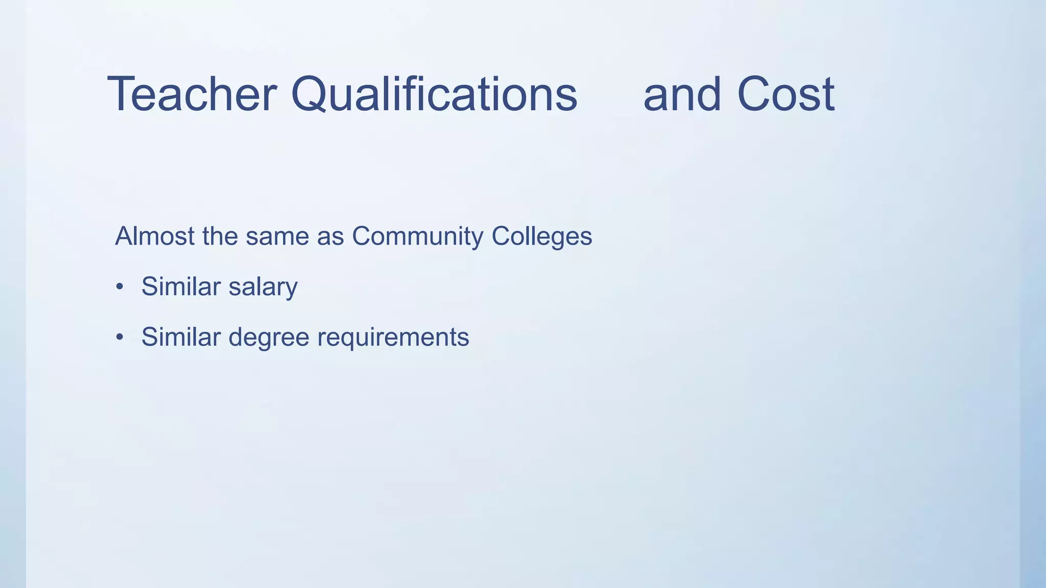 Teacher Qualifications and Cost
Almost the same as Community Colleges
• Similar salary
• Similar degree requirements
 