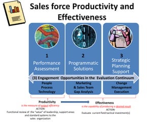 Sales force Productivity and
Effectiveness
Performance
Assessment
Programmatic
Solutions
Strategic
Planning
Support
(3) Engagement Opportunities in the Evaluation Continuum
Productivity
is the measure of output efficiency
ACTION:
Functional review of the “value” of leadership, support areas
and standard systems to the
sales organization
People
Process
Technology
Marketing
& Sales Team
Gap Analysis
Change
Management
Execution
Effectiveness
is the capability of producing a desired result
ACTION:
Evaluate current field tactical investment(s)
1 2 3
 