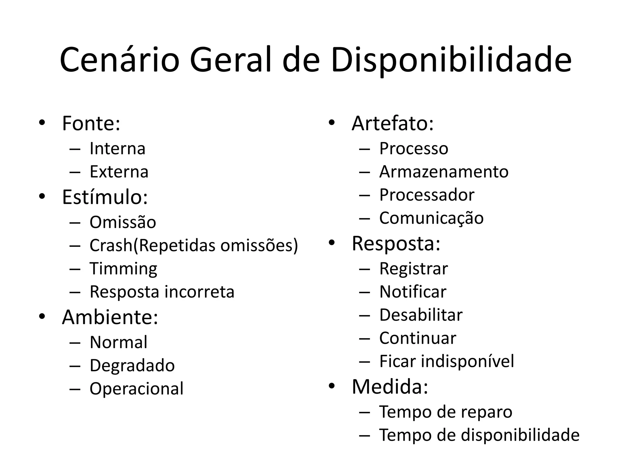 Cenário Geral de Disponibilidade
• Fonte:
– Interna
– Externa
• Estímulo:
– Omissão
– Crash(Repetidas omissões)
– Timming
– Resposta incorreta
• Ambiente:
– Normal
– Degradado
– Operacional
• Artefato:
– Processo
– Armazenamento
– Processador
– Comunicação
• Resposta:
– Registrar
– Notificar
– Desabilitar
– Continuar
– Ficar indisponível
• Medida:
– Tempo de reparo
– Tempo de disponibilidade
 