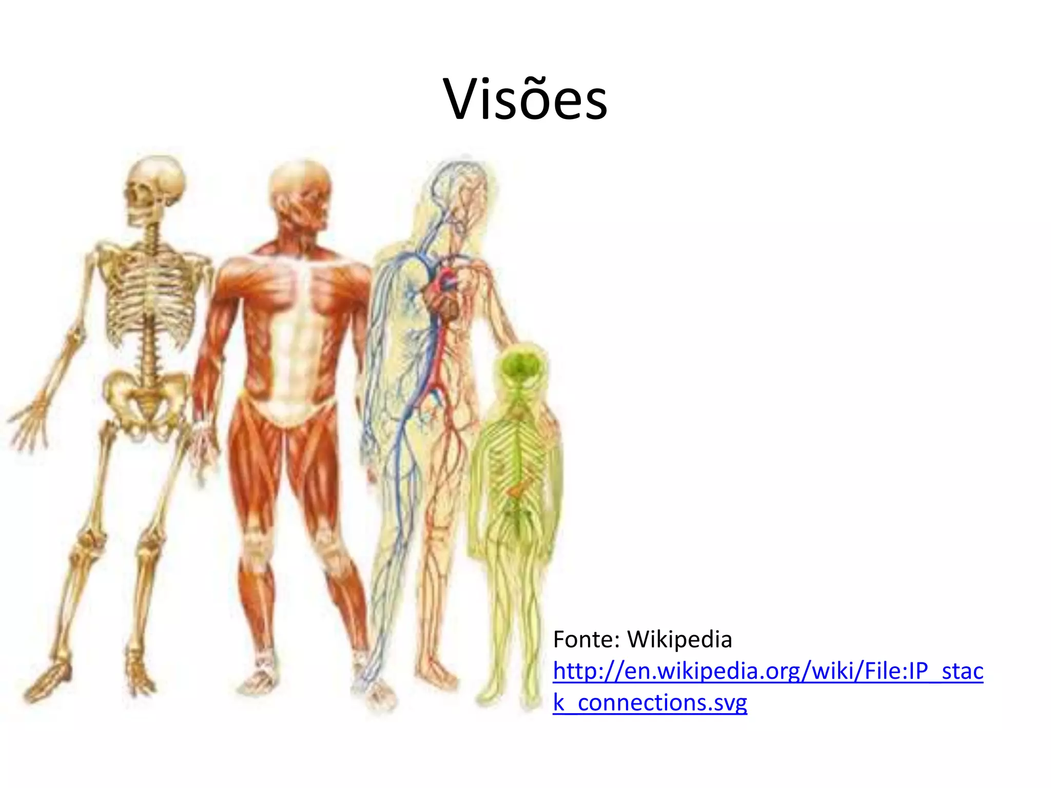 Visões
Fonte: Wikipedia
http://en.wikipedia.org/wiki/File:IP_stac
k_connections.svg
 