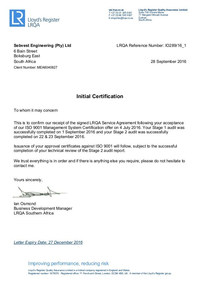 certification letter sebvest engineering company registration letter