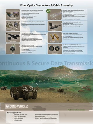Fiber Optics Connectors & Cable Assembly
ontinuous & Secure Data Transmissio
• Hermaphroditic coupling
• Intermateable/interchangeable with other manufacturers
• 1, 2, 3 or 4-Channels
• Rubber overmold
• Aluminum or marine bronze options
• MIL-PRF-83526compliant(qualificationongoing)
• Multiple configurations available
Network Solutions
GROUND VEHICLES
Typical applications:
	 Vetronic architecture
	 Tactical computers
	 Tactical radios
	 HD cameras
Remote controlled weapon stations
Bomb Jammers
Secure Wireless External Gateways
TACBeam M28 876 Series
Arinc 801TVOP
• Tactical drum for deployable power , data and optical
patchcord
• Exists in different materials, accessories, size, diameters,
length of cable
• Optical Butt joint technology
• Fully keyed thread connectors as 38999 series III
• Aluminum or marine bronze version
• 1/2/4/8 channels
• Singlemode & Multimode option
• Ethernet & RF compliant
• Miniature Single Optical Expanded Beam termini
• 140 x the fiber section
• Reduced sensitivity to dust
• Compatibility Cavity #16 MIL-DTL-38999 series II & IIITV/
CTV, EN3645 EN 4165 (SIM)
• Possibility to mix with Electrical contact for Hybrid
solutions
• Performance standard MIL PRF 29504
• fiber optic, multimode connector with
hermaphroditic design
• Meets the MIL-C-83526 performance criteria
• Easy field maintenance and cleaning
TFOCA IIDrums
• Qualified to the ARINC 801 Specification
• Supports standard suite of 38999 backshells and
accessories
• Aluminum or stainless steel version
• Removable ASR facilitates termini cleaning
• High density arrangements up to 32-channels
• MIL-DTL-38999 Footprints
• Fully keyed threaded connectors
• Aluminum, marine bronze or stainless steel
• APCTermini options
• Operates with singlemode and/or multimode
• Multiple keying options
Lux-Beam™ size 16
• Expanded Beam, Lens and Window technology
• Stainless steel and rubber protection
• Hermaphroditic & easy daisy chaining
• 1/2/4/8 channels
• Singlemode & Multimode option
• Ethernet & RF compliant
• STANAG 4290 compliantCTOS/CTOL
NEW
 