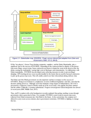 Rachael O’Bryan Sustainability 5 |P a g e
Keepsatisfied Key player
Least important Keepinformed
Figure 2.1- Stakeholder map: ENVIROL. Power versus interest grid adapted from Eden and
Ackermann (1998: 121-5, 344-6).
Of the ‘key players’, Grease Trap cleaning companies, suppliers, and the Dubai Municipality play a
significant part to the success of ENVIROL. Depending on the contractor hired to dispose of the grease
trap waste,things can go wrong. Some contractors are known to dump the waste in the desert or into the
drains causing the municipality soaring high costs in blockages and contamination. In collaboration with
Dubai municipality, ENVIROL has developed some enforcing measures in order to prevent illegal
dumping: GPS tracking devices were recently installed in the trucks that are used by licensed contractors
to pick up the grease trap waste. This will enable control over their whereabouts during delivery time
The Dubai and Abu Dhabi government are also important and have an impact on the success of
ENVIROL. Being seven Emirates is complicated, in terms of different legislation and rules, and what the
decision making process is. Although each state maintains a large degree of independence, the UAE is
governed by a Supreme Council of Rulers made up of the seven emirs, who appoint the prime minister
and the cabinet. Politically it remains authoritarian. Progress toward greater federalintegration has slowed
in recent years (BBC Middle East, 2015).
Thus, staff I’ve spoken with at the headquarters recently explained that getting anything to pass through
government, takes a great deal of time. For example, ENVIROL wants to take its grease trap waste
collected from Dubai restaurants into Abu Dhabi in the future. At the current time, the company isn’t
allowed to carry waste across emirates,due to government restrictions. ENVIROL is fighting to change
this law.
Power/influenceofstakeholders
Interest of stakeholders
Power/influenceofstakeholders
Interestof Stakeholders
Dubai
Municipality
Local government
(Abu Dhabi & Dubai)
Employees
Environmental
campaign groups
Dubai restaurants
Al Serkal Group
Waste management plant
Local residents
Grease Trap
Cleaning Co’s.
Suppliers (equip.
/machines)
 