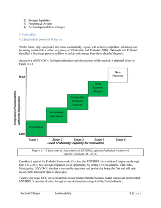 Rachael O’Bryan Sustainability 9 |P a g e
2) Stronger legislation
3) Programs & Actions
4) Partnerships to deliver changes
4. Evaluation
4.1 Sustainable Levels of Maturity
“In the future, only companies that make sustainability a goal, will achieve competitive advantage and
becoming sustainable is a five step process,” (Nidomulu and Prahalad,2009). Nidumolu and Prahalad
identified a five-stage process and how to tackle and emerge from them ahead of the pack.
An analysis of ENVIROL has been undertaken and the outcome of the analysis is depicted below in
Figure 4.1.1
High
Low
Stage 1 Stage 2 Stage 3 Stage 4 Stage 5
Level of Maturity: capacity for innovation
Figure 4.1.1 Outcome of Assessment of ENVIROL against Prahalad framework
(model: Gitsham, M., 2014)
Considered against the Prahalad framework, it’s clear that ENVIROL have achieved stages one through
four. ENVIROL has viewed compliance as an opportunity by setting UCO regulations with Dubai
Municipality. ENVIROL also has a sustainable operation and product by being the first and still only
waste edible treatment plant in the region.
Twenty years ago, UCO was considered a waste product that the business model innovation represented.
ENVIROL’s creation of value through re-use demonstrates stage 4 of the Prahalad model.
IntegrationofSustainability
withintheOrganization
Compliance
Sustainable
Operations
New
Business
Models
New
Practices
Sustainable
Products/
Services
 