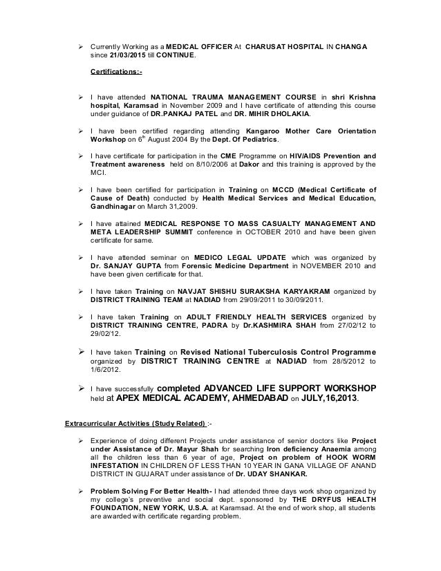 medical officer resumes