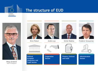 Mitja Drobnič
Head of Delegation
Andre Lys Emile Mabita Frederic ScouarnecKirsi Pekuri
The structure of EUD
Political,
European
Integration and
Trade Section
Cooperation
Section
Finance, Contract
and Audit
Administration
Section
 
