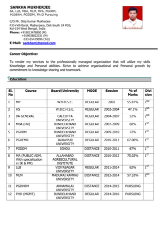 SANKHA MUKHERJEE 
BA, LLB, MBA, MLM, MPA, PGDBM, 
PGDERM, PGDDM, Ph.D Pursuing 
C/O Mr. Dilip Kumar Mukherjee 
P.O+Vill-Boral, Majherpara, Dist-South 24 PGS, 
Kol-154 West Bengal, India 
Phone: +918013478800 (M) +919038822331 (M) 
033-65419896 (Tel) 
E-Mail: sankhamj@gmail.com 
Career Objective: 
To render my services to the professionally managed organization that will utilize my skills Knowledge and Personal abilities. Strive to achieve organizational and Personal growth by commitment to knowledge sharing and teamwork. 
Education: 
Sl. No 
Course 
Board/University 
MODE 
Session 
% of Marks 
Division 
1 
MP 
W.B.B.S.E. 
REGULAR 
2002 
55.87% 
2ND 
2 
HS 
W.B.C.H.S.E. 
REGULAR 
2002-2004 
47.1% 
2ND 
3 
BA GENERAL 
CALCUTTA UNIVERSITY 
REGULAR 
2004-2007 
52% 
2ND 
4 
MBA (HR) 
BUNDELKHAND UNIVERSITY 
REGULAR 
2007-2009 
68% 
1ST 
5 
PGDBM 
BUNDELKHAND UNIVERSITY 
REGULAR 
2009-2010 
72% 
1ST 
6 
PGDEMR 
JADAVPUR UNIVERSITY 
REGULAR 
2010-2011 
67.08% 
1ST 
7 
PGDDM 
IGNOU 
DISTANCE 
2010-2011 
67% 
1ST 
8 
MA (PUBLIC ADM. With specialization in IR & PM) 
ALLAHABAD AGREECULTURAL INSTITUTE 
DISTANCE 
2010-2012 
75.02% 
1ST 
9 
LLB 
VIDYASAGAR UNIVERSITY 
REGULAR 
2011-2014 
62% 
1ST 
10 
MLM 
MADURAI KAMRAJ UNIVERSITY 
DISTANCE 
2012-2014 
57.33% 
2ND 
11 
PGDHRM 
ANNAMALAI UNIVERSITY 
DISTANCE 
2014-2015 
PURSUING 
12 
PHD (MGMT) 
BUNDELKHAND UNIVERSITY 
REGULAR 
2014-2016 
PURSUING 
 