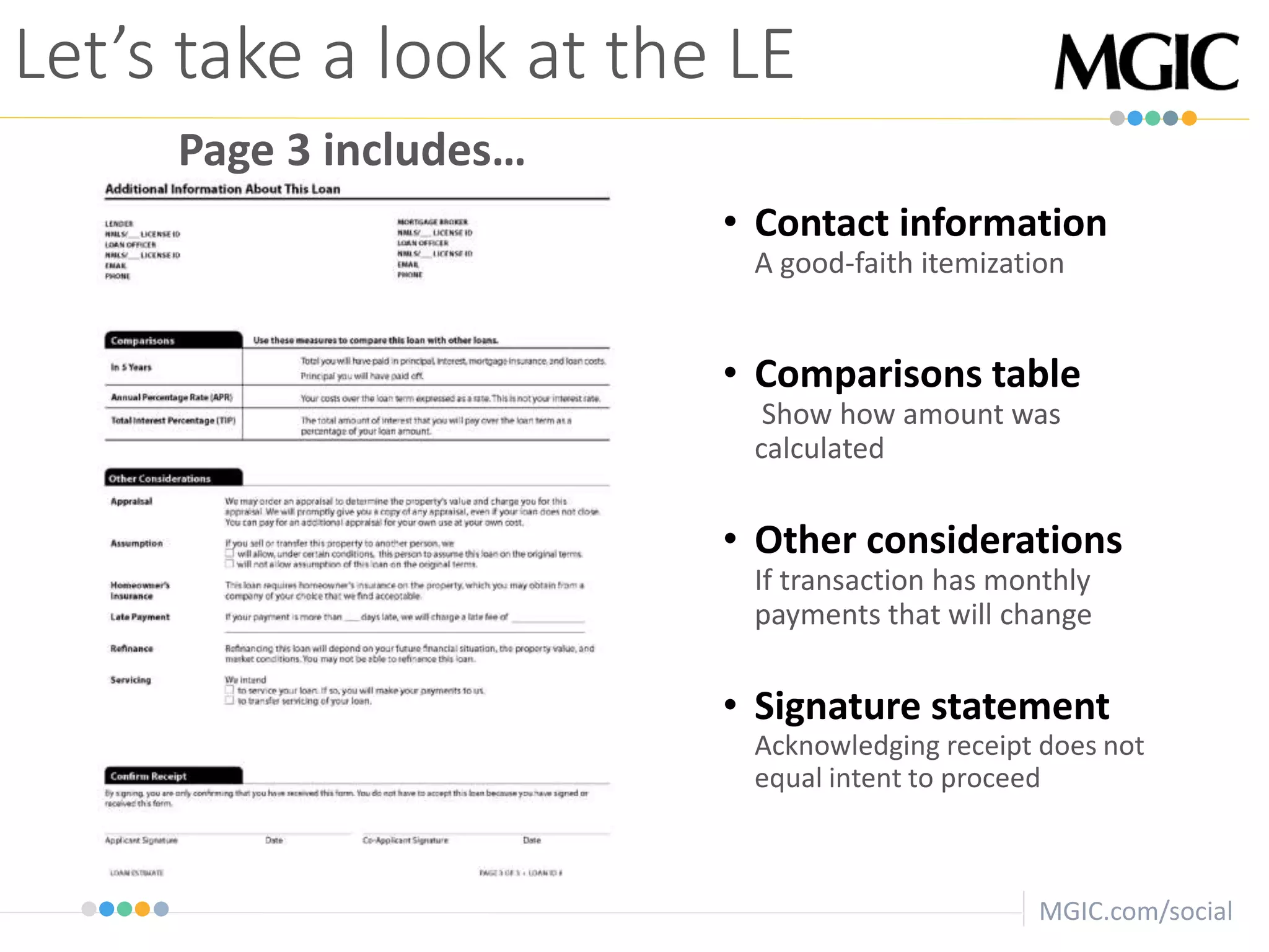 MGIC.com/social
• Contact information
A good-faith itemization
• Comparisons table
Show how amount was
calculated
• Other considerations
If transaction has monthly
payments that will change
• Signature statement
Acknowledging receipt does not
equal intent to proceed
Let’s take a look at the LE
Page 3 includes…
 