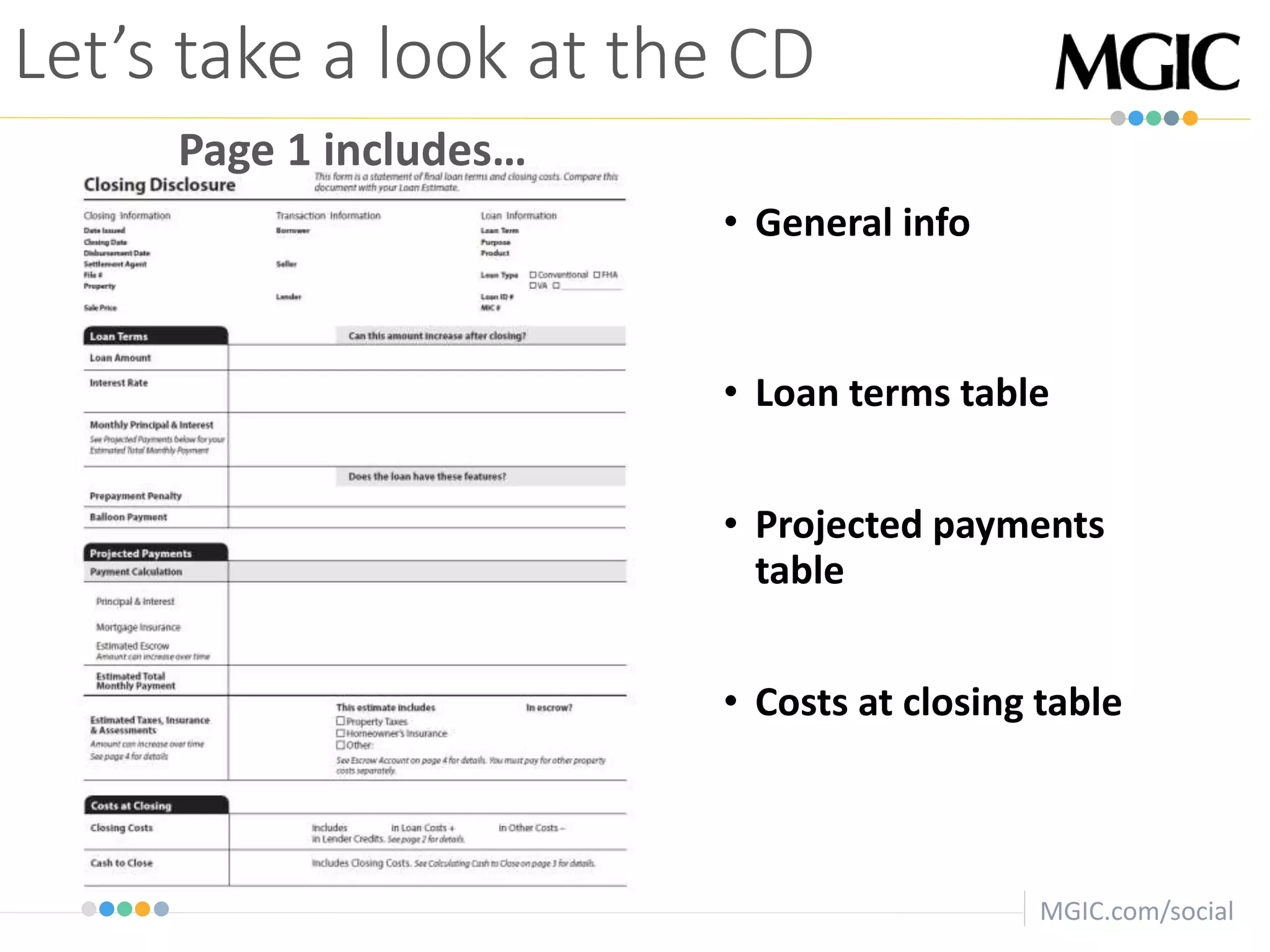 MGIC.com/social
• General info
• Loan terms table
• Projected payments
table
• Costs at closing table
Let’s take a look at the CD
Page 1 includes…
 