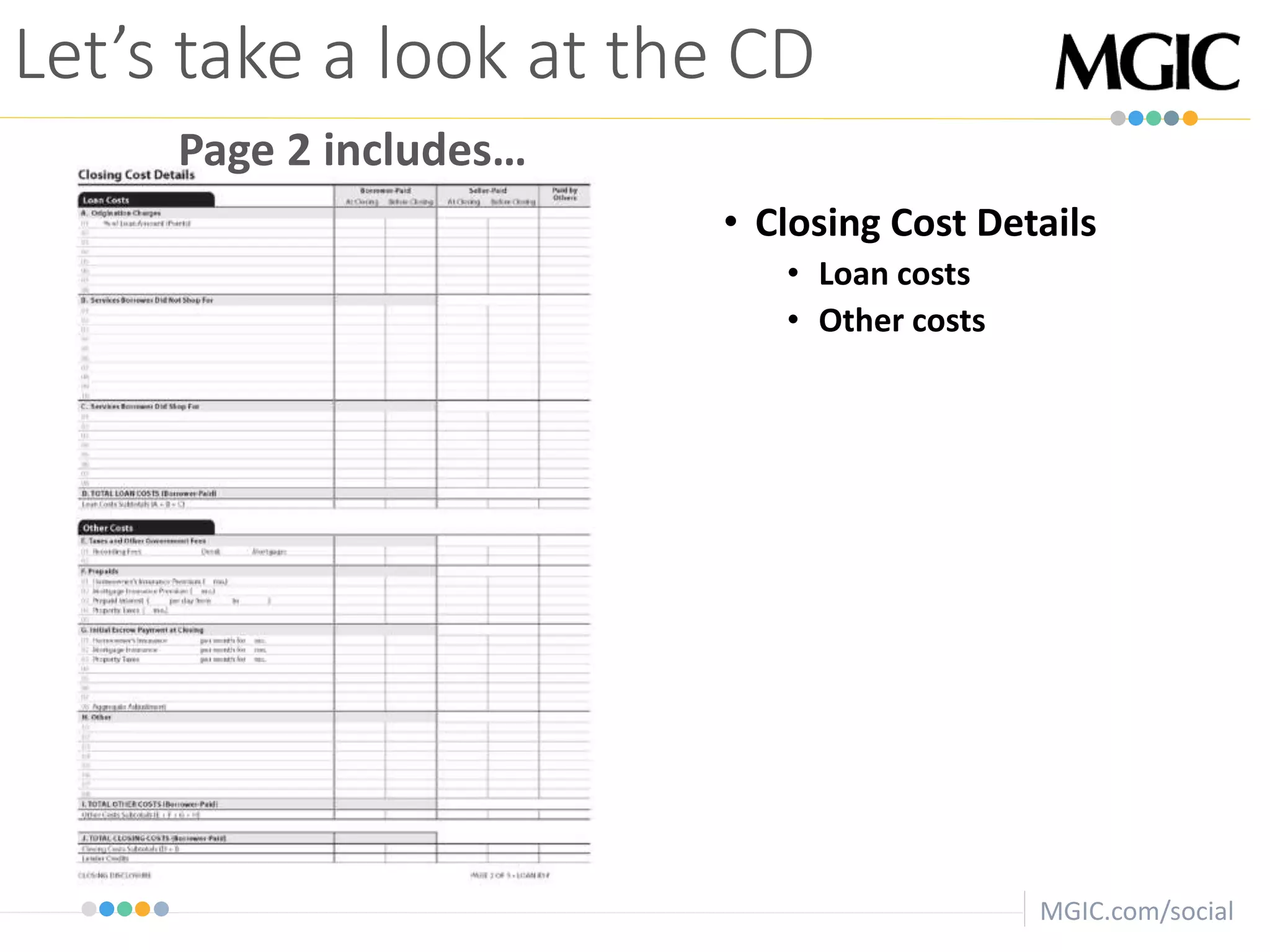 MGIC.com/social
• Closing Cost Details
• Loan costs
• Other costs
Let’s take a look at the CD
Page 2 includes…
 
