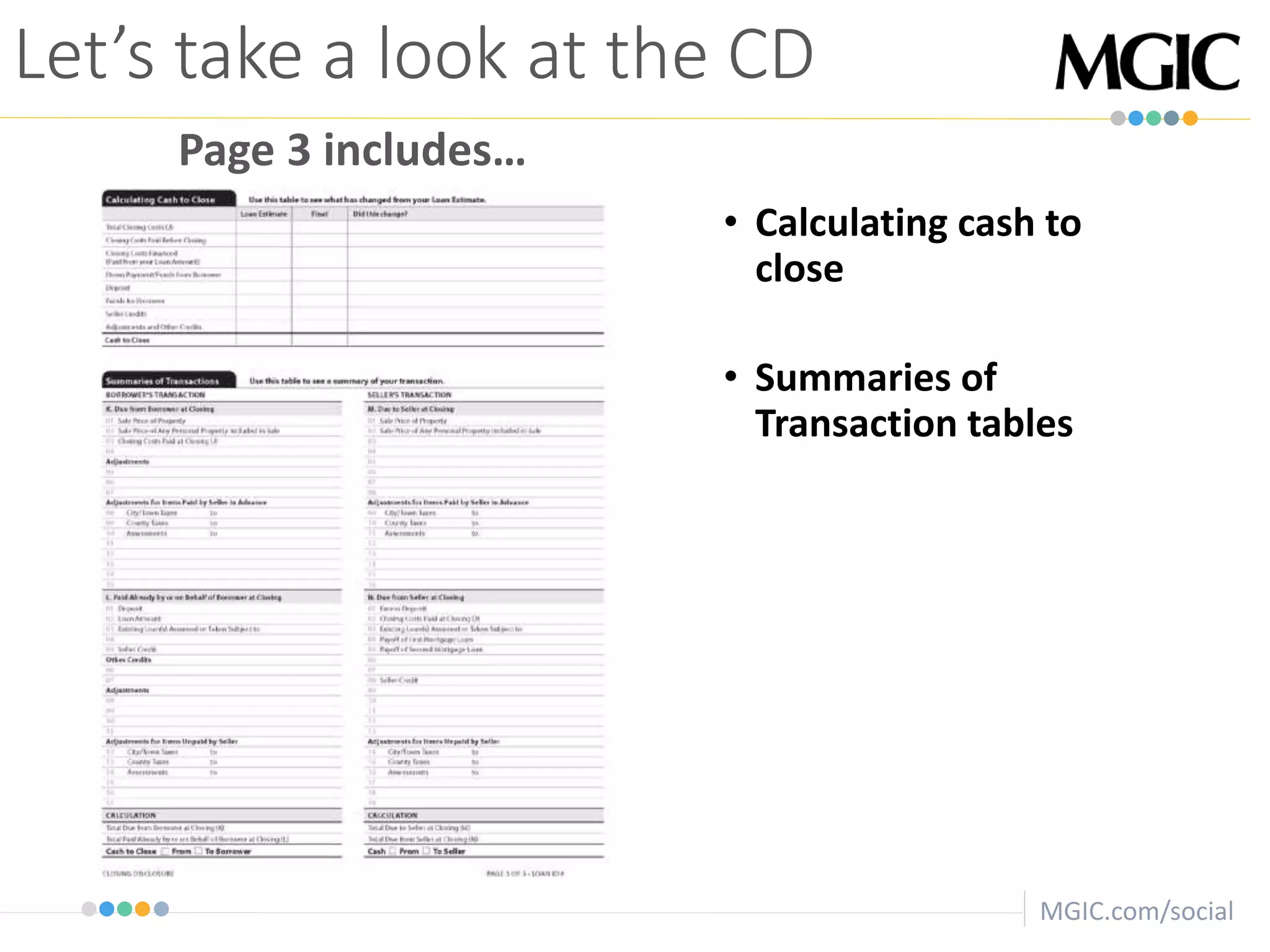 MGIC.com/social
• Calculating cash to
close
• Summaries of
Transaction tables
Let’s take a look at the CD
Page 3 includes…
 