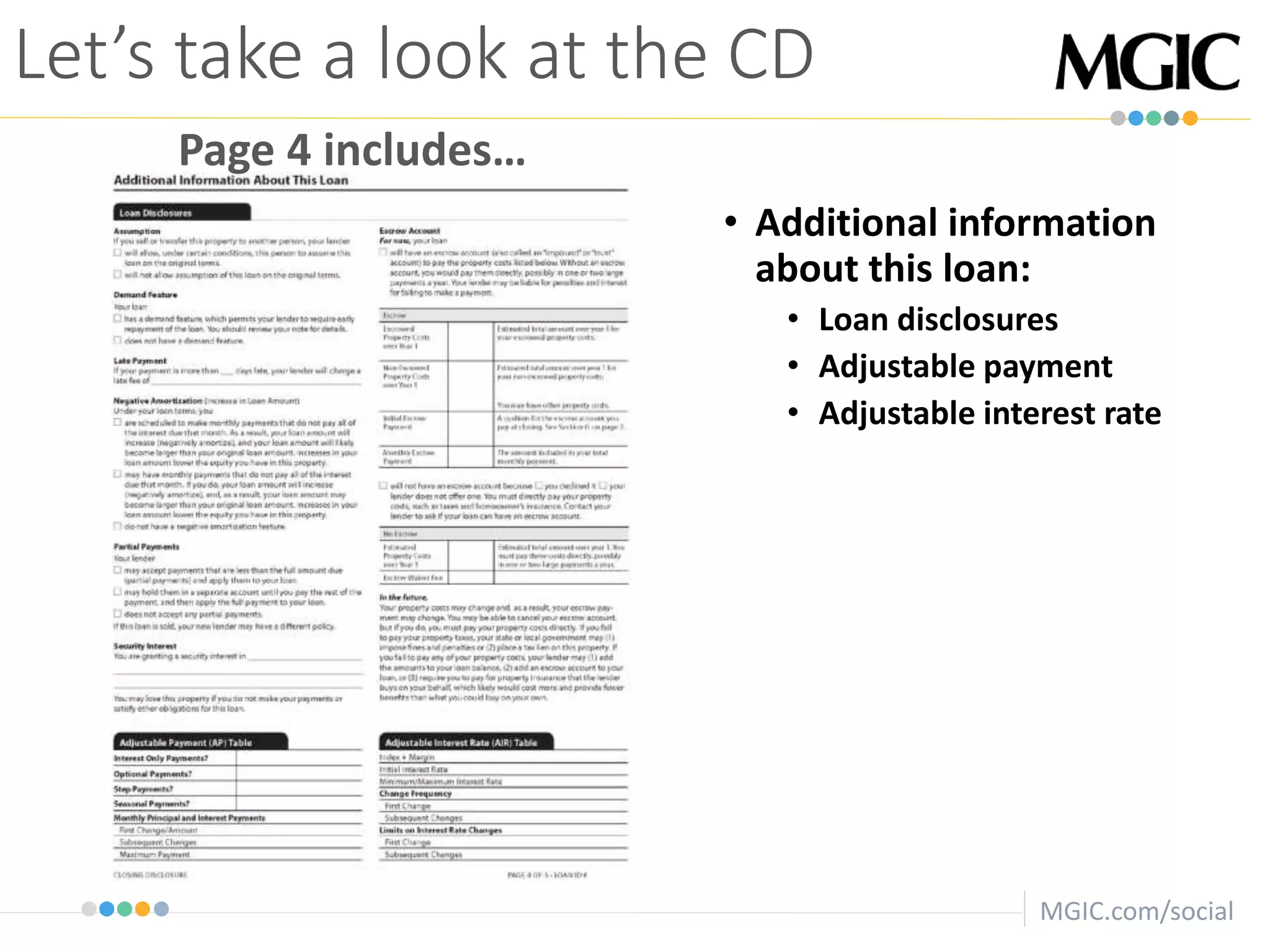 MGIC.com/social
• Additional information
about this loan:
• Loan disclosures
• Adjustable payment
• Adjustable interest rate
Let’s take a look at the CD
Page 4 includes…
 