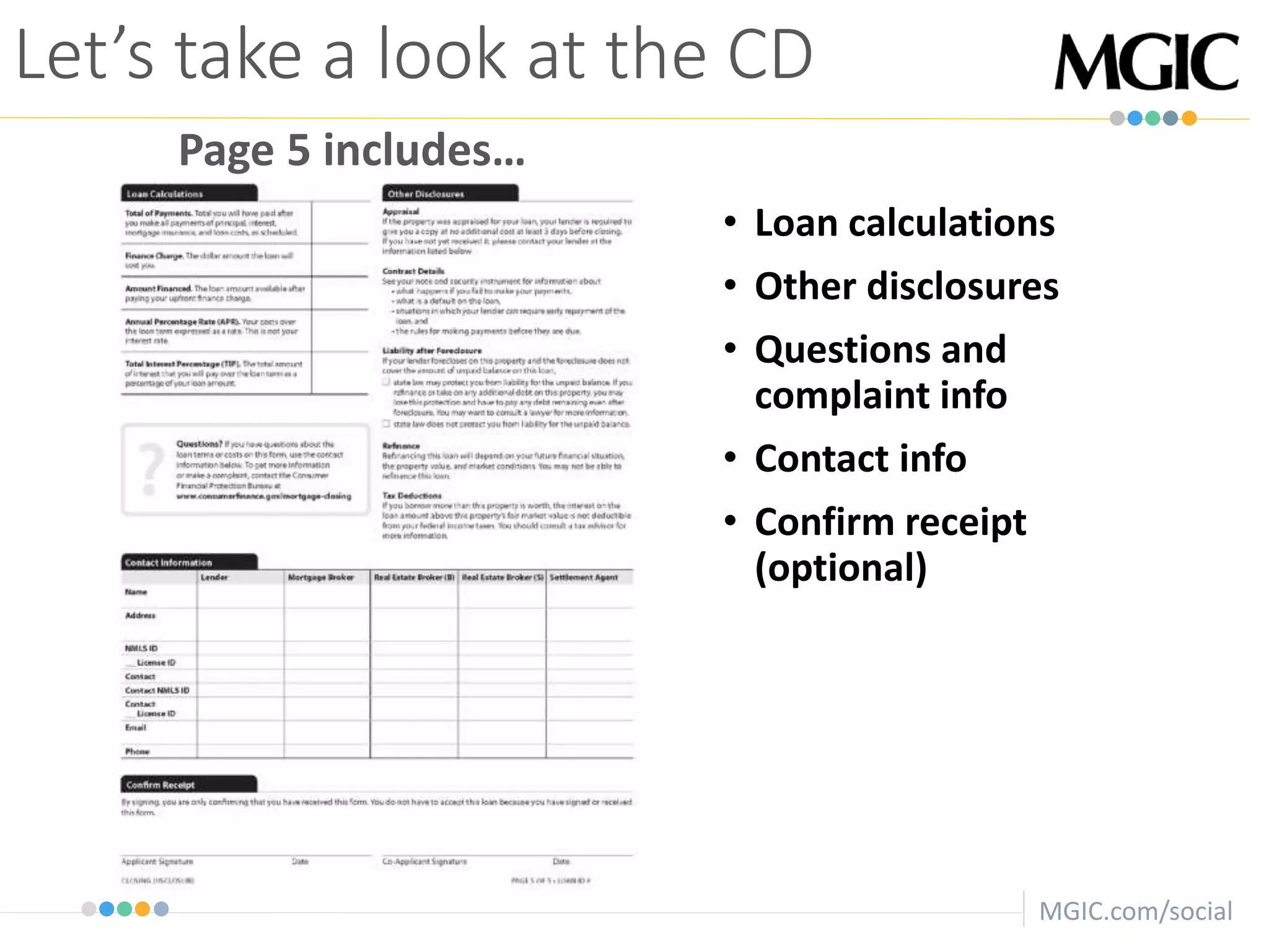MGIC.com/social
• Loan calculations
• Other disclosures
• Questions and
complaint info
• Contact info
• Confirm receipt
(optional)
Let’s take a look at the CD
Page 5 includes…
 