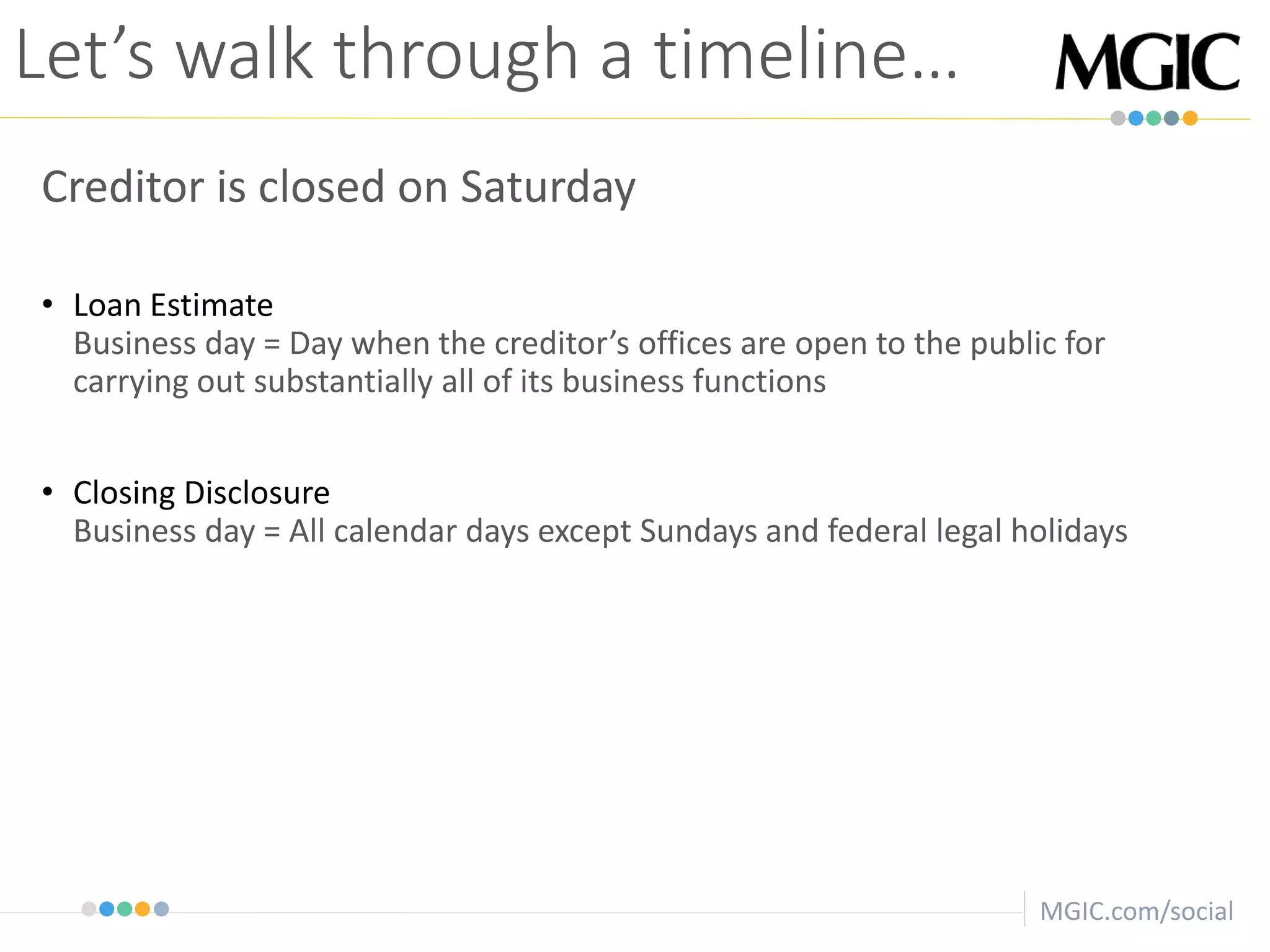 MGIC.com/social
Let’s walk through a timeline…
Creditor is closed on Saturday
• Loan Estimate
Business day = Day when the creditor’s offices are open to the public for
carrying out substantially all of its business functions
• Closing Disclosure
Business day = All calendar days except Sundays and federal legal holidays
 