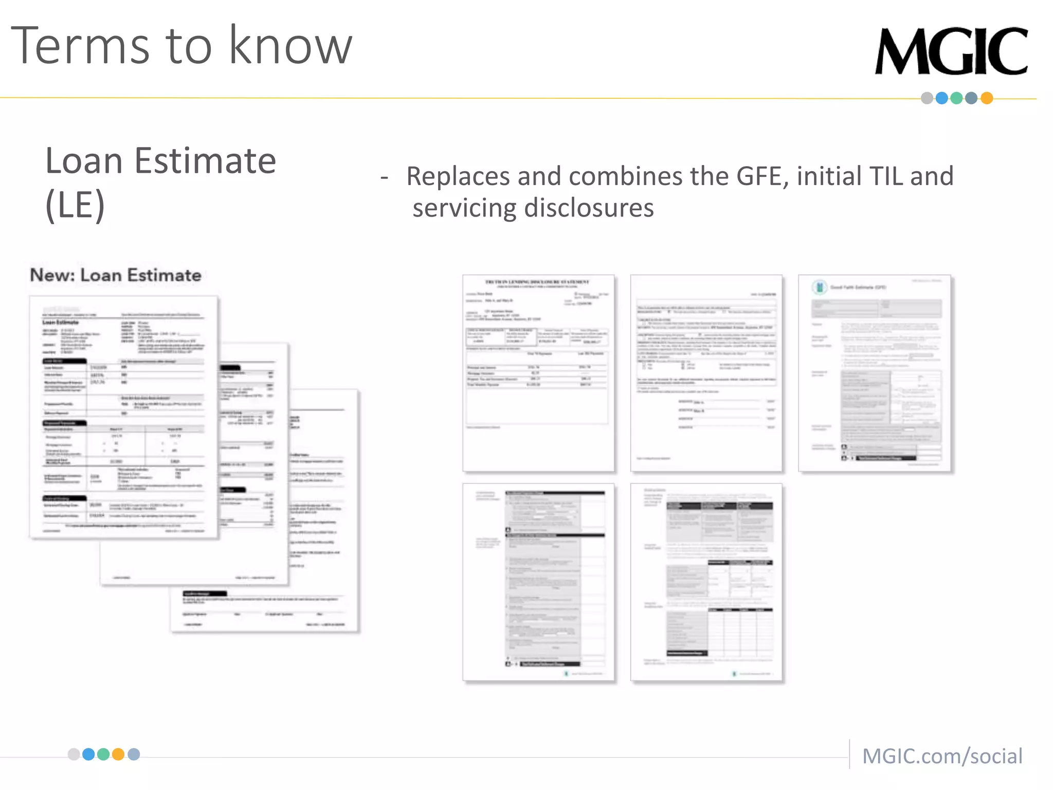MGIC.com/social
Terms to know
Loan Estimate
(LE)
- Replaces and combines the GFE, initial TIL and
servicing disclosures
 