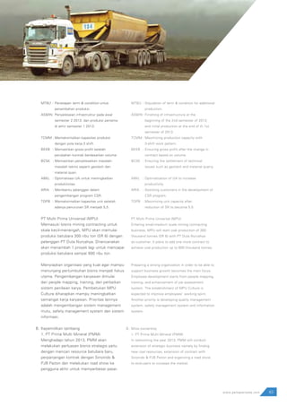 63www.pamapersada.com
MTBU	 :	Penetapan term & condition untuk 		
			 penambahan produksi.
ASMIN	:	Penyelesaian infrastruktur pada awal 	
			 semester 2 2013; dan produksi pertama 	
			 di akhir semester 1 2013.
TCMM	:	Memaksimalkan kapasitas produksi 	
			 dengan pola kerja 3 shift.
BEKB 	 :	Memastikan gross profit setelah 		
			 perubahan kontrak berdasarkan volume
BCSK 	 :	Memastikan penyelesaikan masalah-
			 masalah teknis seperti geotech dan 	
		 `	material quari.
ABKL 	 :	Optimalisasi UA untuk meningkatkan 	
			 produktivitas.
ARIA 	 :	Membantu pelanggan dalam 		
			 pengembangan program CSR.
TOPB 	:	Memaksimalkan kapasitas unit setelah 	
			 adanya penurunan SR menjadi 5,5.
PT Multi Prima Universal (MPU)
Memasuki bisnis mining contracting untuk
skala kecil-menengah, MPU akan memulai
produksi batubara 300 ribu ton (SR 6) dengan
pelanggan PT Duta Nurcahya. Direncanakan
akan menambah 1 proyek lagi untuk mencapai
produksi batubara sampai 600 ribu ton.
Menyiapkan organisasi yang kuat agar mampu
menunjang pertumbuhan bisnis menjadi fokus
utama. Pengembangan karyawan dimulai
dari people mapping, training, dan perbaikan
sistem penilaian karya. Pembetukan MPU
Culture diharapkan mampu meningkatkan
semangat kerja karyawan. Prioritas lainnya
adalah mengembangan sistem management
mutu, safety management system dan sistem
informasi.
Kepemilikan tambang
1. PT Prima Multi Mineral (PMM)
Menghadapi tahun 2013, PMM akan
melakukan perluasan bisnis strategis yaitu
dengan mencari resource batubara baru,
perpanjangan kontrak dengan Sinoindo &
PJB Paiton dan melakukan road show ke
pengguna akhir untuk memperbesar pasar.
MTBU 	:	Stipulation of term & condition for additional
			 production.
ASMIN	:	Finishing of infrastructure at the
			 beginning of the 2nd semester of 2013; 	
			 and initial production at the end of th 1st
			 semester of 2013.
TCMM	:	Maximizing production capacity with
			 3-shift work pattern.
BEKB 	 :	Ensuring gross profit after the change in
			 contract based on volume.
BCSK	 :	Ensuring the settlement of technical 	
			 issues such as geotech and material quarry.
ABKL 	 :	Optimalization of UA to increase
			 productivity.
ARIA 	 :	Assisting customers in the development of
			 CSR program.
TOPB 	:	Maximizing unit capacity after
			 reduction of SR to become 5.5.
PT Multi Prima Universal (MPU)
Entering small-medium scale mining contracting
business, MPU will start coal production of 300
thousand tonnes (SR 6) with PT Duta Nurcahya
as customer. It plans to add one more contract to
achieve coal production up to 600 thousand tonnes.
Preparing a strong organization in order to be able to
support business growth becomes the main focus.
Employee development starts from people mapping,
training, and enhancement of job assessment
system. The establishment of MPU Culture is
expected to improve employees’ working spirit.
Another priority is developing quality management
system, safety management system and information
system.
Mine ownership
1. PT Prima Multi Mineral (PMM)
In welcoming the year 2013, PMM will conduct
extension of strategic business namely by finding
new coal resources, extension of contract with
Sinoindo & PJB Paiton and organizing a road show
to end-users to increase the market.
B. B.
 