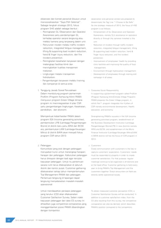 observasi dan kontak personal disusun untuk
mensosialisasikan “Saya Pilih Selamat”.
Sebagai langkah strategis 2013, fokus
program SHE adalah sebagai berikut :
- 	 Peningkatan GL Observation dan Operator
	 Awareness yaitu pendampingan GL
	 terhadap operator secara langsung atau
	 melalui kamera yang terpasang dalam unit.
- 	 Penurunan insiden melalui traffic incident
	 reduction, integrated fatigue management,
	 lifting & supporting load incident reduction,
	 hand & finger injury reduction, dan fire
	 incident prevention.
- 	 Peningkatan kesehatan karyawan dengan
	 melengkapi fasilitas klinik dan
	 meningkatkan kualitas manajemen
	 makanan.	
- 	 Lingkungan melalui manajemen 	
	 hidrokarbon.
- Pengembangan karyawan melalui training
	 dan kampanye di semua area.
Tanggung Jawab Sosial Perusahaan
Dalam mendukung program pemerintah
ProKlim (Program Kampung Iklim) PAMA
menyusun program Green Village dimana
program ini menintegrasikan 4 pilar CSR
yaitu pengembangan lingkungan, Kesehatan,
pendidikan, dan ekonomi.
Memperkuat keberhasilan PAMA dalam
program IGA (income generating activities),
pembentukan LPB (Lembaga Pengembangan
Bisnis) di distrik baru yaitu ARIA dan BCSK
ara; pembentukan LKM (Lembaga Keuangan
Mikro) di distrik BAYA akan menjadi fokus
program CSR tahun 2013.
Pelanggan
Komunikasi yang erat dengan pelanggan
merupakan kunci untuk menangkap harapan-
harapan dari pelanggan. Kebutuhan pelanggan
harus direspon dengan baik agar tercipta
kepuasan pelanggan. Untuk itu pertemuan
secara rutin terus dilaksanakan di seluruh
distrik dan kantor pusat. Customer gathering
dilaksanakan setiap tahun mempertemukan
Top Management PAMA dan pelanggan.
Pertemuan langsung di lapangan dapat
langsung menyelesaikan masalah-masalah
operasional.
Untuk mendapatkan persepsi pelanggan
yang terukur (CSI) akan dilaksanakan
Customer Satifaction Survey. Selain indek
kepuasan pelanggan dari data CS survey ini
dihasilkan juga competitive comparative yang
menggambarkan posisi PAMA dibandingkan
dengan kompetitor.
observation and personal contact are prepared to
disseminate the Tag Line “I Choose to Be Safe”.
As the strategic measure of 2013, the focus of HSE
program is as follows:
-	 Enhancement of GL Observation and Operator
	 Awareness, namely GL’s assistance on operators
	 directly or through the cameras installed in the
	 unit.
-	 Reduction of incident through traffic incident
	 reduction, integrated fatigue management, lifting
	 & supporting load incident reduction, hand &
	 finger injury reduction, and fire incident
	 prevention.
-	 Improvement of employees’ health by providing
	 clinic facilities and improving the quality of food
	 management.
-	 Environment through hydrocarbon management.
-	 Development of employees through training and
	 campaign in all areas.
Corporate Social Responsibility
In supporting a government program called ProKlim
(Program Kampung Iklim/Climate Village Program),
PAMA prepares the Green Village program, in
which the T program integrates the 4 pillars of
CSR namely environmental development, Health,
education, and economy.
Strengthening PAMA’s success in the IGA (income
generating activities) program, establishment of
the Business Development Institution (Lembaga
Pengembangan Bisnis/LPB) in new districts namely
ARIA and BCSK; and establishment of the Micro
Finance Institution (Lembaga Keuangan Mikro/LKM)
in BAYA district will be the focus of CSR program in
2013.
Customers
Close communication with customers is the key to
capture customers’ expectation. Customers’ needs
must be responded to properly in order to create
customer satisfaction. For that purpose, regular
meetings continue to be organized in all districts and
at the head office. Customer gathering is held every
year to bring PAMA’s Top Management and the
customers together. Direct encounters on field can
directly settle operational issues.
To obtain measured customer perception (CSI), a
Customer Satisfaction Survey will be conducted. In
addition to customer satisfaction index, from the
CS data resulting from this survey, the competitive
comparative can also be derived, which describes
PAMA’s position compared to the competitors.
68 2012 ANNUAL REPORT | PT PAMAPERSADA NUSANTARA
I.
J.
I.
J.
 