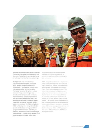 75www.pamapersada.com
Berbagai penghargaan yang berhasil diperoleh
Perusahaan merupakan bentuk apresiasi atas
komitmen Perusahaan untuk mencapai yang
terbaik dalam menjalankan proses bisnisnya.
PAMA beserta anak perusahaannya
juga terlibat dalam program “Semangat
Astra Terpadu Untuk Indonesia (SATU
INDONESIA)”, yaitu sebuah program yang
mengejawantahkan dan menyemaikan
‘Semangat’ persatuan Grup Astra sebagai
karyawan maupun anak bangsa yang
terpadu untuk kemajuan serta persatuan
Indonesia menuju bangsa yang sejahtera
dan bermartabat. Keterlibatan PAMA dan
anak perusahaan dalam program ini adalah
melakukan penanaman sebanyak 126.674
pohon, menyumbang 10.819 kantung darah,
1.087 jam berbagi ilmu dengan total 5.466
peserta dari berbagai lembaga pendidikan
yang menjadi mitra binaan serta 202 jam
mengajar dan melatih Usaha Kecil Menengah
(UKM) dengan 772 peserta dari berbagai UKM
yang menjadi mitra binaan PAMA Grup.
Various awards which the company managed
to achieve are a form of appreciation for its
commitment to achieve the best in executing its
business process.
PAMA, along with its subsidiaries, is also involved
in the “Semangat Astra Terpadu Untuk Indonesia
(SATU INDONESIA)” program, which is a program
which manifests and propagates Astra Group’s
‘Spirit’ of unity as employees and children of the
nation which is integrated for the advancement
and unity of Indonesia towards a prosperous and
dignified nation. The involvement of PAMA and
its subsidiaries in this program is in the form of
planting 126,674 trees, donating 10,819 pouches
of blood, 1,087 hours of sharing knowledge with a
total of 5,466 participants from various educational
institutions which become development partners as
well as 202 hours of teaching and training Small and
Medium Enterprises (SMEs) with 772 participants
from various SMEs which become PAMA Group’s
development partners.
 