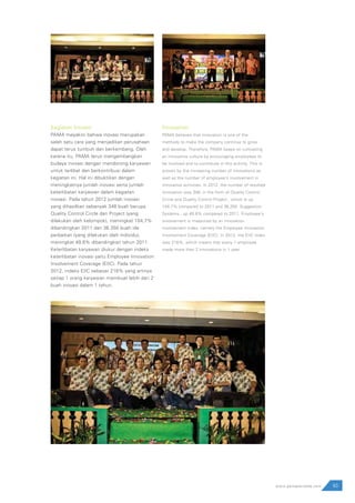 93www.pamapersada.com
Kegiatan Inovasi
PAMA meyakini bahwa inovasi merupakan
salah satu cara yang menjadikan perusahaan
dapat terus tumbuh dan berkembang. Oleh
karena itu, PAMA terus mengembangkan
budaya inovasi dengan mendorong karyawan
untuk terlibat dan berkontribusi dalam
kegiatan ini. Hal ini dibuktikan dengan
meningkatnya jumlah inovasi serta jumlah
keterlibatan karyawan dalam kegiatan
inovasi. Pada tahun 2012 jumlah inovasi
yang dihasilkan sebanyak 348 buah berupa
Quality Control Circle dan Project (yang
dilakukan oleh kelompok), meningkat 104,7%
dibandingkan 2011 dan 36.350 buah ide
perbaikan (yang dilakukan oleh individu),
meningkat 49,8% dibandingkan tahun 2011.
Keterlibatan karyawan diukur dengan indeks
keterlibatan inovasi yaitu Employee Innovation
Involvement Coverage (EIIC). Pada tahun
2012, indeks EIIC sebesar 216% yang artinya
setiap 1 orang karyawan membuat lebih dari 2
buah inovasi dalam 1 tahun.
Innovation
PAMA believes that innovation is one of the
methods to make the company continue to grow
and develop. Therefore, PAMA keeps on cultivating
an innovative culture by encouraging employees to
be involved and to contribute in this activity. This is
proven by the increasing number of innovations as
well as the number of employee’s involvement in
innovative activities. In 2012, the number of resulted
innovation was 348, in the form of Quality Control
Circle and Quality Control Project , which is up
104.7% compared to 2011 and 36,350 Suggestion
Systems , up 49.8% compared to 2011. Employee’s
involvement is measured by an innovation
involvement index, namely the Employee Innovation
Involvement Coverage (EIIC). In 2012, the EIIC index
was 216%, which means that every 1 employee
made more than 2 innovations in 1 year.
 