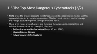 1.3 The Top Most Dangerous Cyberattacks (2/2)
• RBAC is used to provide access to the storage account to a specific user. Hacker use this
approach to obtain access storage accounts. This is a classic method used to manage
the storage account by people through the Azure Portal.
• There are 3 major areas of Azure, also these are the weak points, most critical and
vulnerable areas for hackers to exploit, they are:-
• Authentication and Authorization (Azure AD and RBAC),
• Microsoft Azure Storage
• Networks(Azure Infrastructure).
 