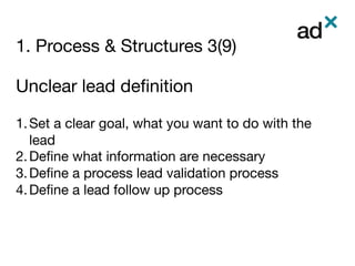 1. Process & Structures 3(9)
	
Unclear lead deﬁnition

1. Set a clear goal, what you want to do with the
lead
2. Deﬁne what information are necessary 
3. Deﬁne a process lead validation process
4. Deﬁne a lead follow up process
 
