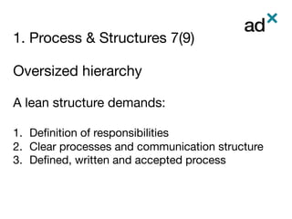 1. Process & Structures 7(9)
	
Oversized hierarchy 

A lean structure demands: 

1.  Deﬁnition of responsibilities 
2.  Clear processes and communication structure
3.  Deﬁned, written and accepted process 

 