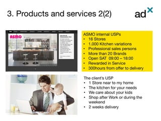 3. Products and services 2(2)
	
ASMO internal USPs
•  16 Stores
•  1.000 Kitchen variations
•  Professional sales persons
•  More than 20 Brands
•  Open SAT 09:00 – 18:00
•  Rewarded in Service
•  300hours from oﬀer to delivery 
The client’s USP
•  1 Store near to my home
•  The kitchen for your needs
•  We care about your kids
•  Shop after Work or during the
weekend
•  2 weeks delivery 
 