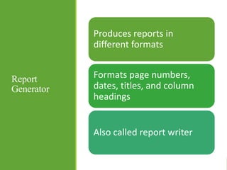 Report
Generator
Produces reports in
different formats
Formats page numbers,
dates, titles, and column
headings
Also called report writer
 