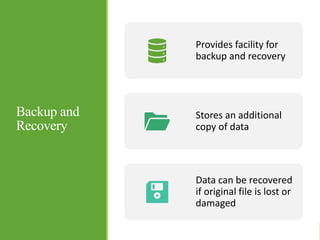 Backup and
Recovery
Provides facility for
backup and recovery
Stores an additional
copy of data
Data can be recovered
if original file is lost or
damaged
 