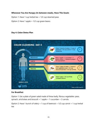 15
Whenever You Are Hungry (In-between meals), Have This Snack:
Option 1: Have 1 cup herbal tea + 1/2 cup steamed peas
Option 2: Have 1 apple + 1/2 cup green beans
Day 4: Colon Detox Plan
For Breakfast
Option 1: Eat a plate of green salad made of these leafy, fibrous vegetables: peas,
spinach, artichokes and broccoli + 1 apple + 1 cucumber + 2 carrots.
Option 2: Have 1 bunch of celery + 1 cup of beetroot + 1/2 cup carrot + 1 cup herbal
tea
 
