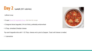 Day 2 Lunch (441 calories)
Leftover soup
• 2 cups Ravioli & Vegetable Soup click here for recipe
• 2 diagonal slices baguette (1/4 inch thick), preferably whole-wheat
• 3 Tbsp. shredded Cheddar cheese
Top each baguette slice with 1 1/2 Tbsp. cheese and a pinch of pepper. Toast until cheese is melted.
• 1 clementine
 