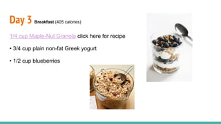 Day 3 Breakfast (405 calories)
1/4 cup Maple-Nut Granola click here for recipe
• 3/4 cup plain non-fat Greek yogurt
• 1/2 cup blueberries
 