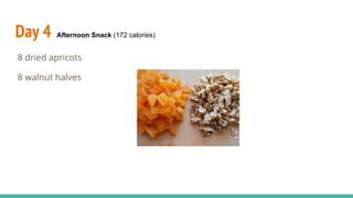 Day 4 Afternoon Snack (172 calories)
8 dried apricots
8 walnut halves
 