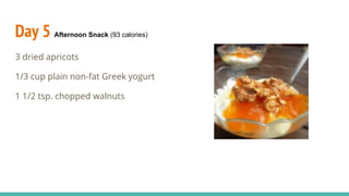 Day 5 Afternoon Snack (93 calories)
3 dried apricots
1/3 cup plain non-fat Greek yogurt
1 1/2 tsp. chopped walnuts
 