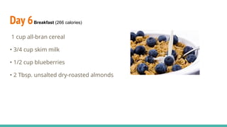 Day 6Breakfast (266 calories)
1 cup all-bran cereal
• 3/4 cup skim milk
• 1/2 cup blueberries
• 2 Tbsp. unsalted dry-roasted almonds
 