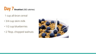 Day 7Breakfast (362 calories)
1 cup all-bran cereal
• 3/4 cup skim milk
• 1/2 cup blueberries
• 2 Tbsp. chopped walnuts
 