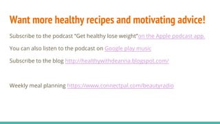 Want more healthy recipes and motivating advice!
Subscribe to the podcast “Get healthy lose weight”on the Apple podcast app.
You can also listen to the podcast on Google play music
Subscribe to the blog http://healthywithdeanna.blogspot.com/
Weekly meal planning https://www.connectpal.com/beautyradio
 