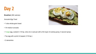 Day 2
Breakfast (382 calories)
Avocado-Egg Toast
• 1 slice whole-grain bread
• 1/4 medium avocado
• 1 large egg, cooked in 1/4 tsp. olive oil or coat pan with a thin layer of cooking spray (1-second spray)
• Top egg with a pinch of pepper (1/16 tsp.)
• 2 clementine
 