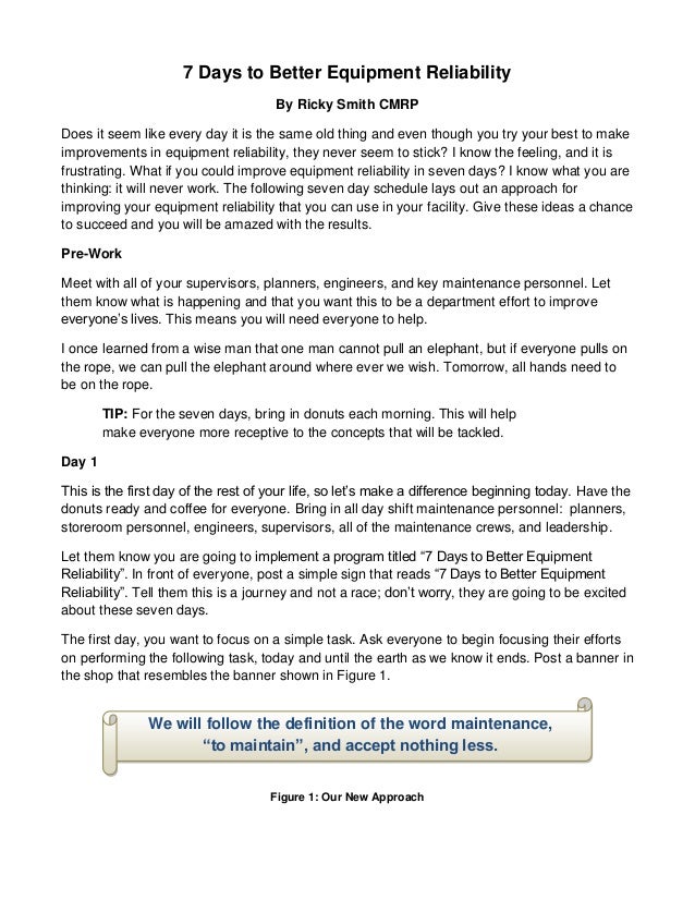 7 Days To Better Equipment Reliability