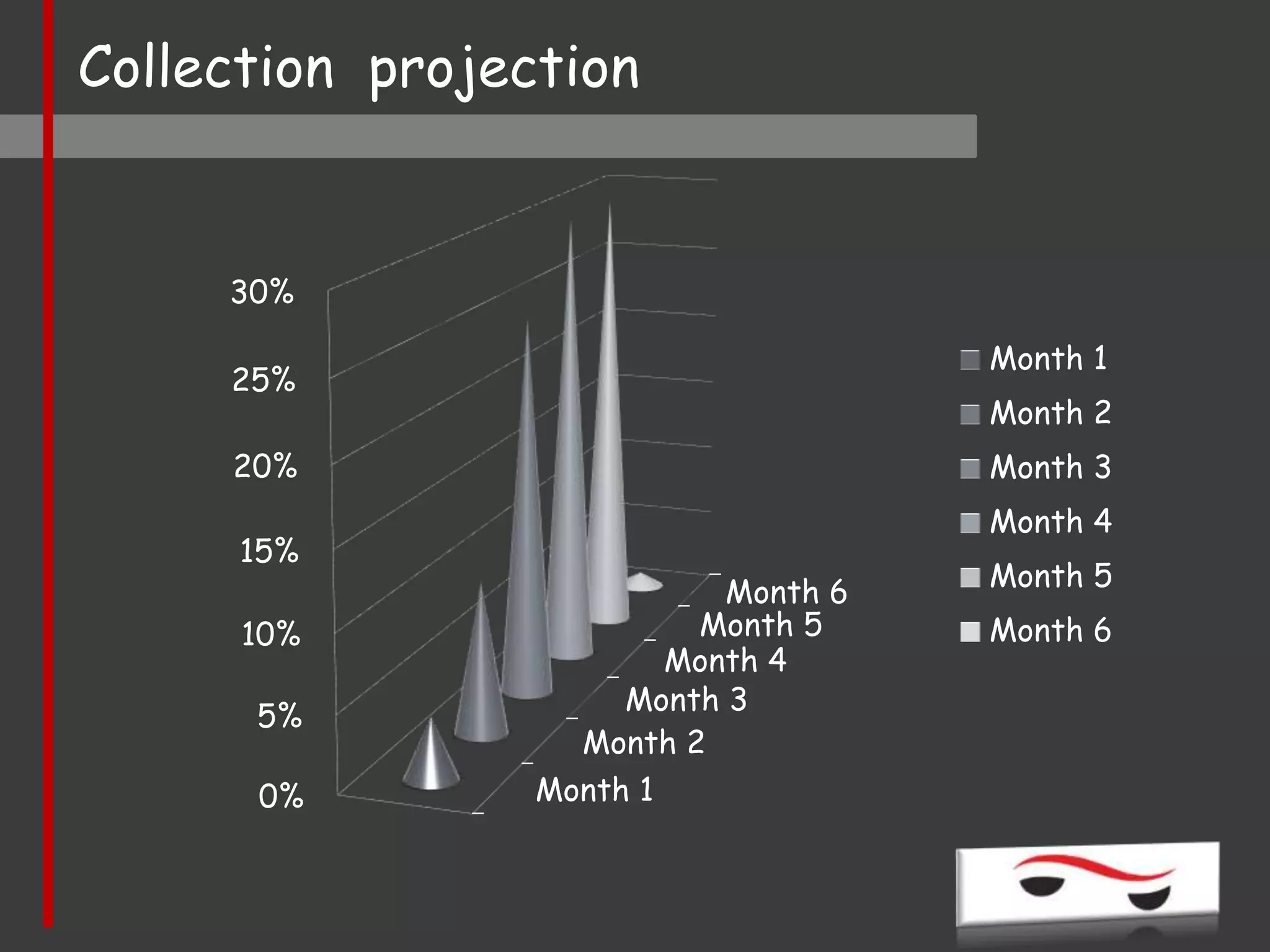 Month 1
Month 2
Month 3
Month 4
Month 5
Month 6
0%
5%
10%
15%
20%
25%
30%
Month 1
Month 2
Month 3
Month 4
Month 5
Month 6
Collection projection
 