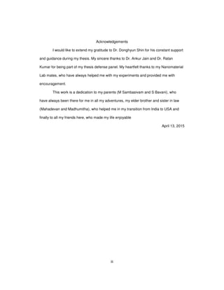 iii
Acknowledgements
I would like to extend my gratitude to Dr. Donghyun Shin for his constant support
and guidance during my thesis. My sincere thanks to Dr. Ankur Jain and Dr. Ratan
Kumar for being part of my thesis defense panel. My heartfelt thanks to my Nanomaterial
Lab mates, who have always helped me with my experiments and provided me with
encouragement.
This work is a dedication to my parents (M Sambasivam and S Bavani), who
have always been there for me in all my adventures, my elder brother and sister in law
(Mahadevan and Madhumitha), who helped me in my transition from India to USA and
finally to all my friends here, who made my life enjoyable
April 13, 2015
 